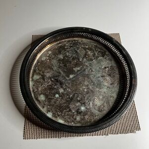 FB‎ Rogers Vintage Silver Plated Round Gallery Tray Etched Floral 12.5 Inch